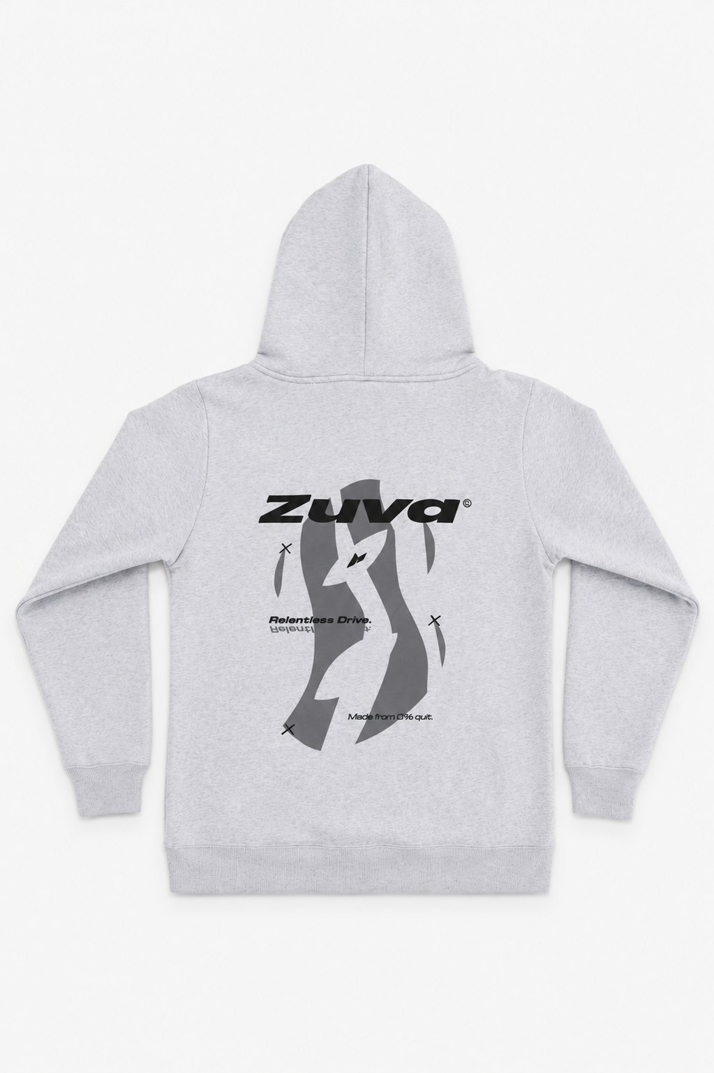 Zuva Grey Hoodie back flat lay — puff print Zuva logo Relentless Drive graphic and Made from 0% quit slogan on ash grey marl fleece