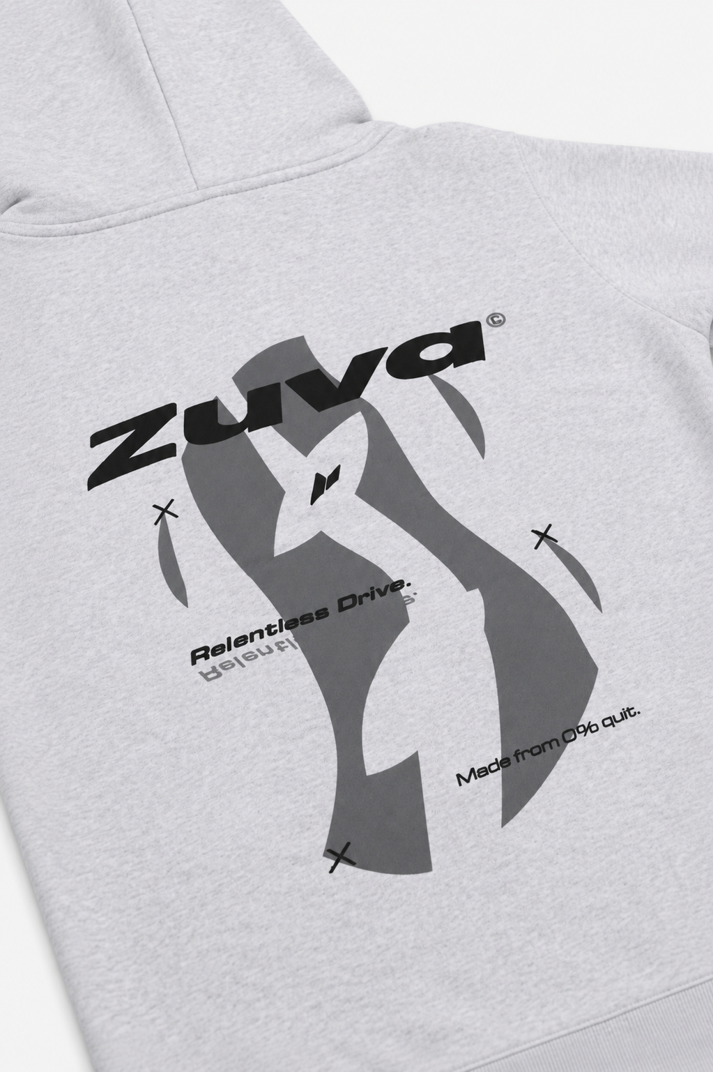 Zuva Grey Hoodie back graphic close-up — puff print Zuva logo Relentless Drive mirrored text and Made from 0% quit on ash grey marl fleece