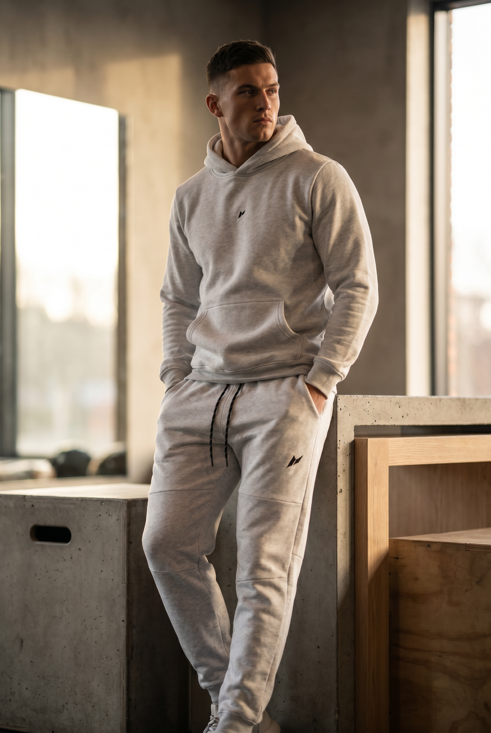 Male athlete wearing full Zuva grey tracksuit set — matching ash grey hoodie and track pants in gym environment, premium mens gymwear Australia