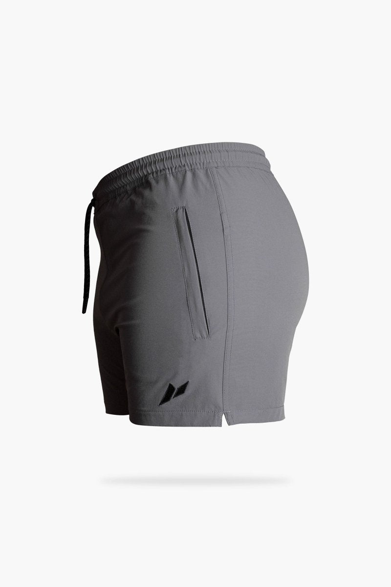 Men’s charcoal athletic shorts with secure zip pockets and sweat-wicking stretch fabric