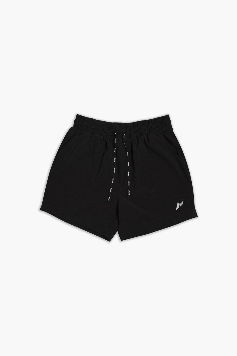 Flat lay of black men's performance shorts with drawstring waistband, side pockets, and a reflective minimalist logo on the front left leg.