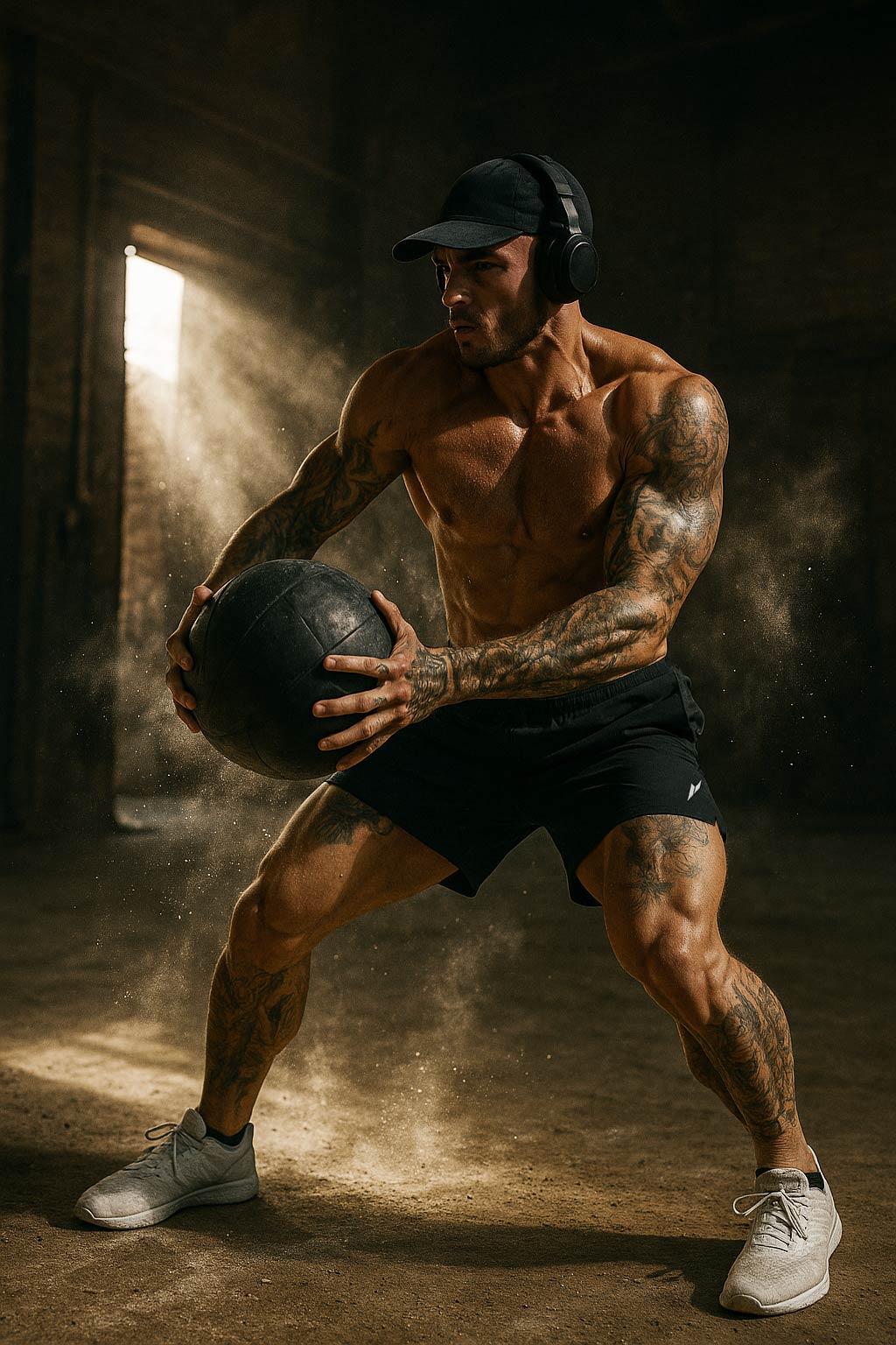 High performance athlete in warehouse throwing ball wearing black Zuva Arc IV sport shorts