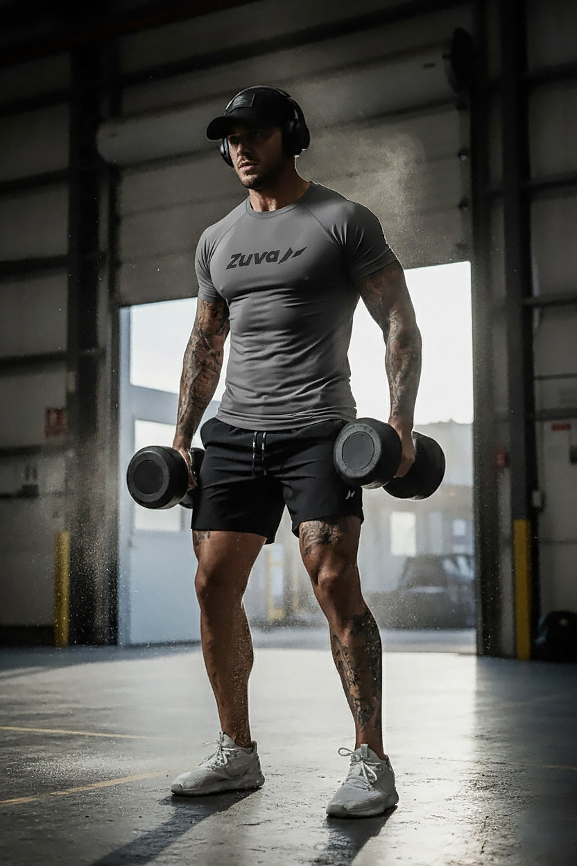 Strong male athlete wearing Zuva gym clothes 