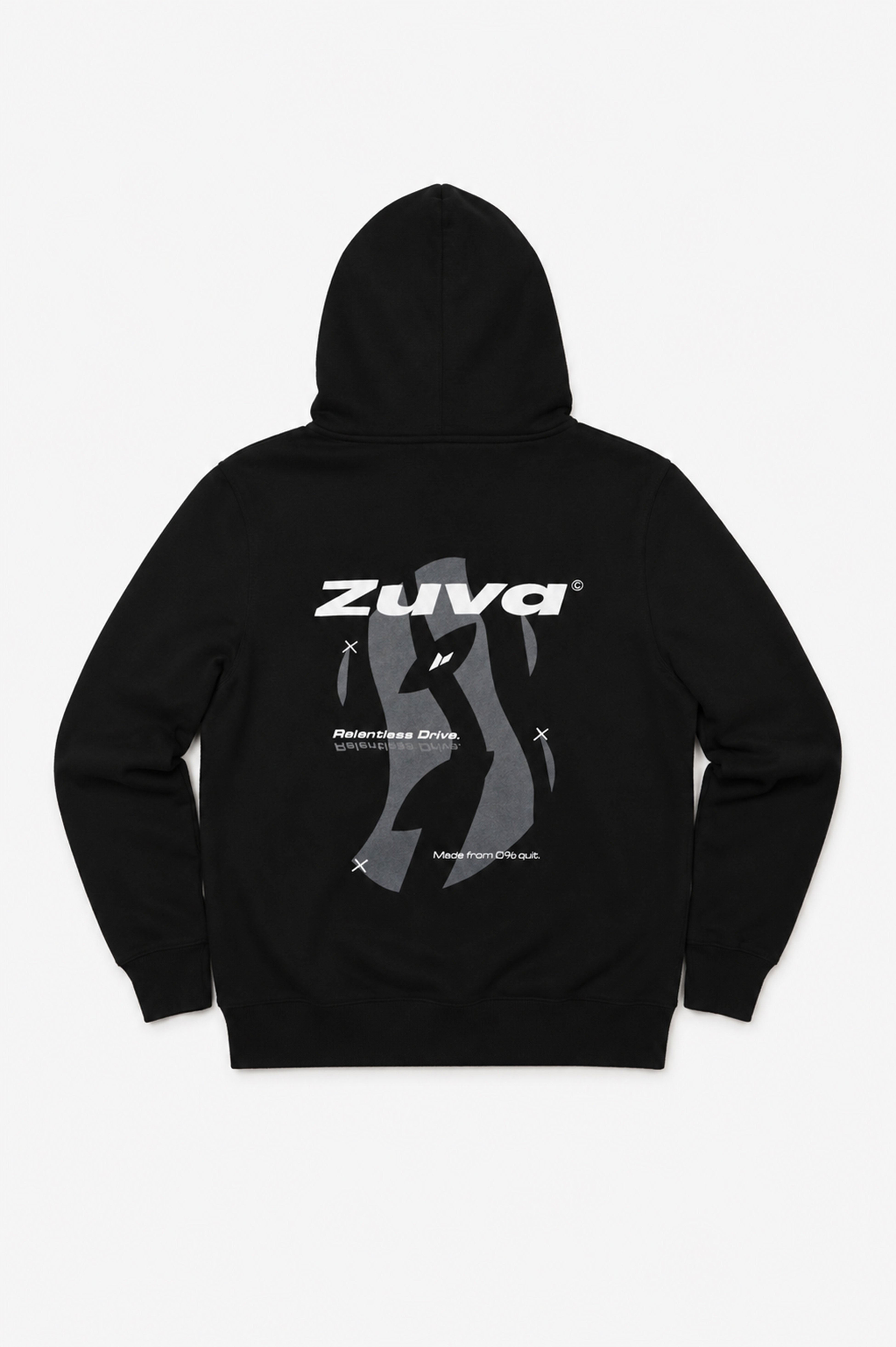 Zuva Black Hoodie back puff print Relentless Drive graphic black