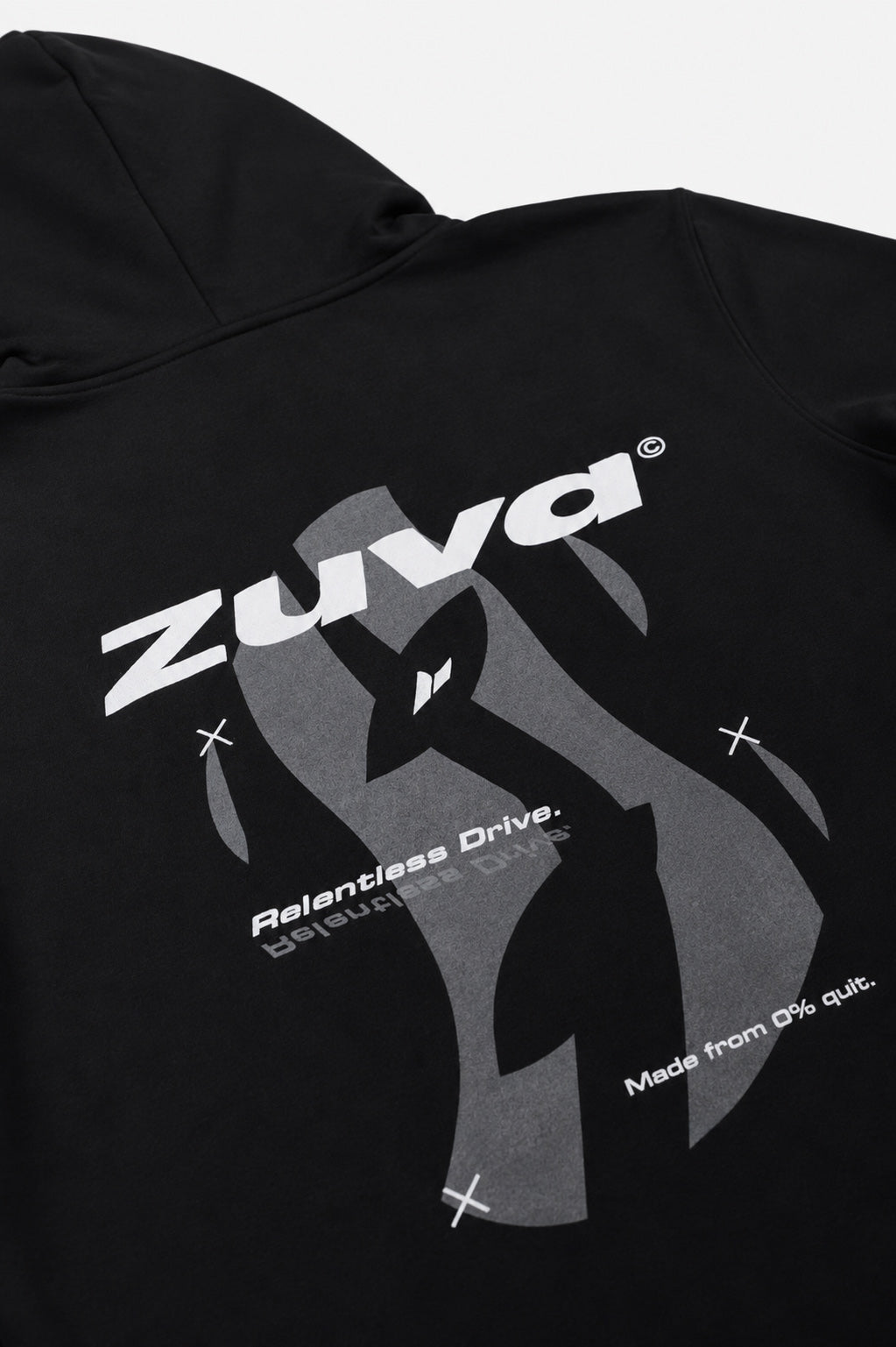 Zuva Black Hoodie back graphic detail close-up - puff print Zuva logo, Relentless Drive text and Made from 0% quit slogan on heavyweight black fleece