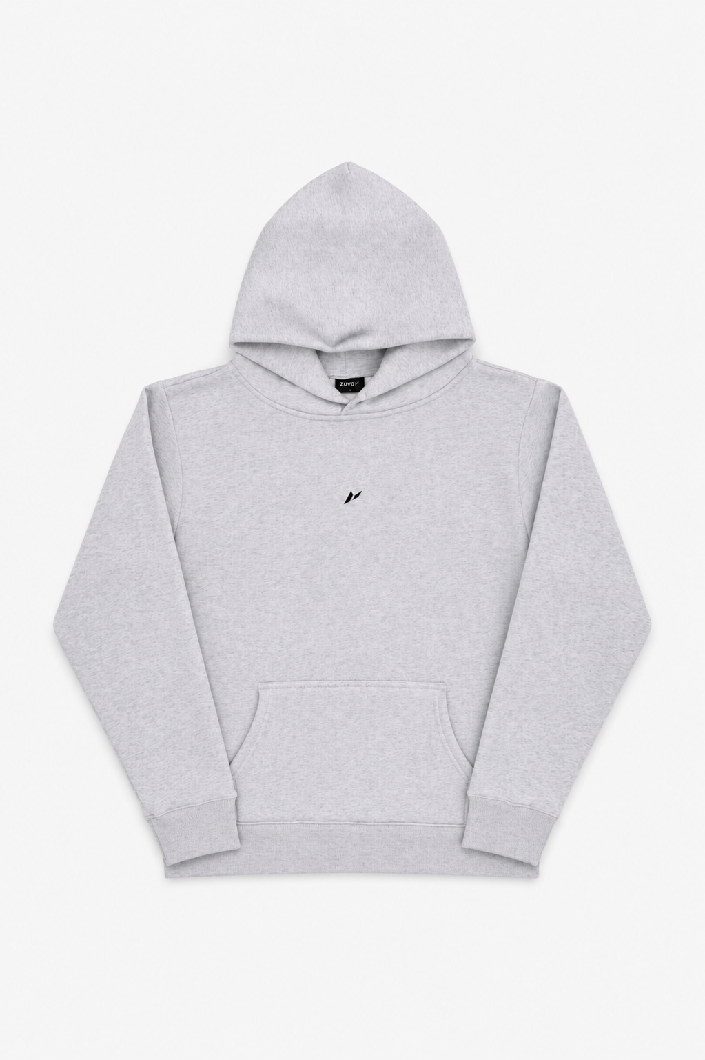 Zuva Grey Hoodie front flat lay — oversized ash grey marl pullover hoodie with embroidered black Zuva icon centre chest