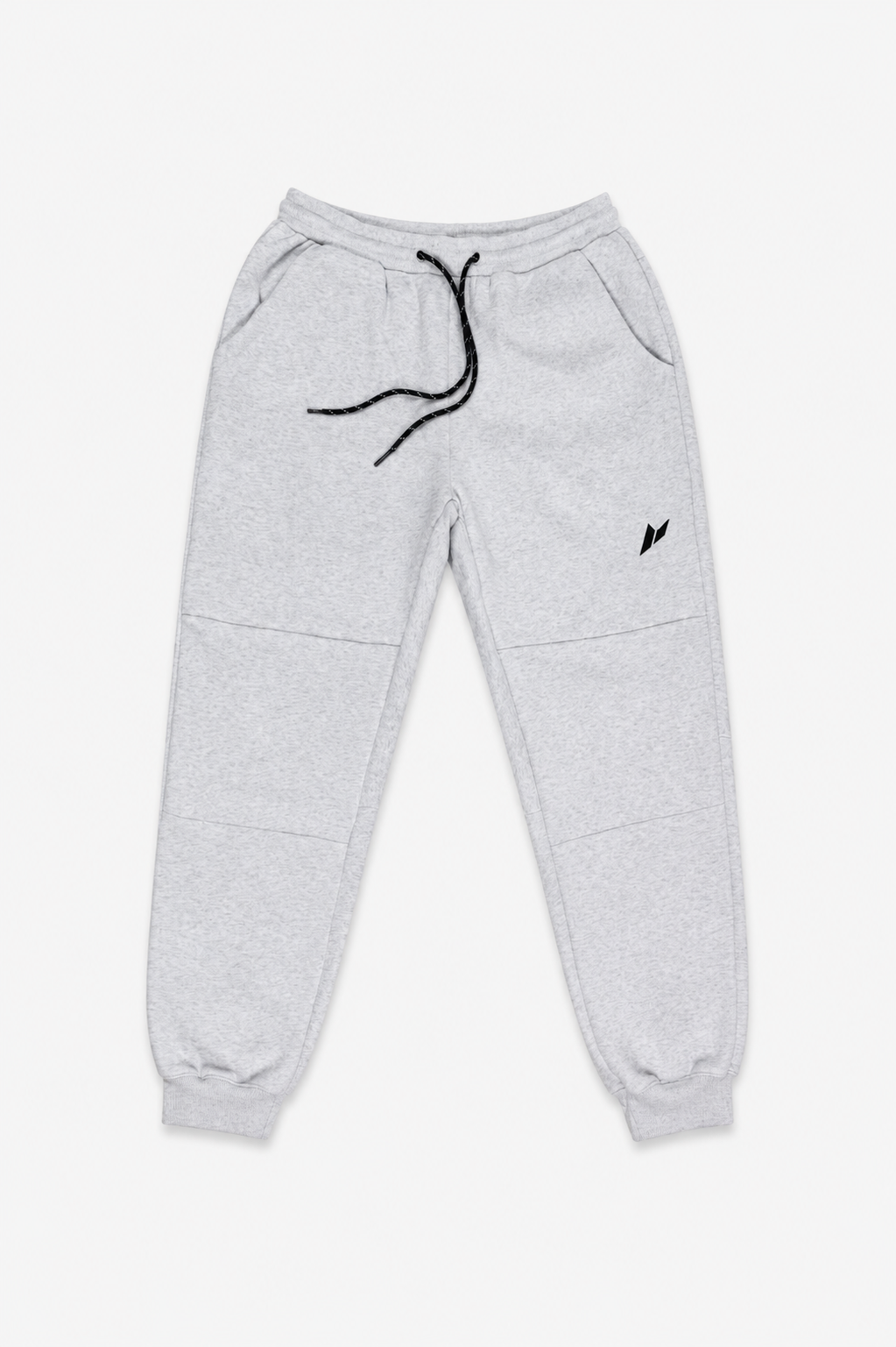 Zuva Grey Track Pants flat lay front view — ash grey marl fleece with black speckled drawstring, side slash pockets and embroidered black Zuva icon
