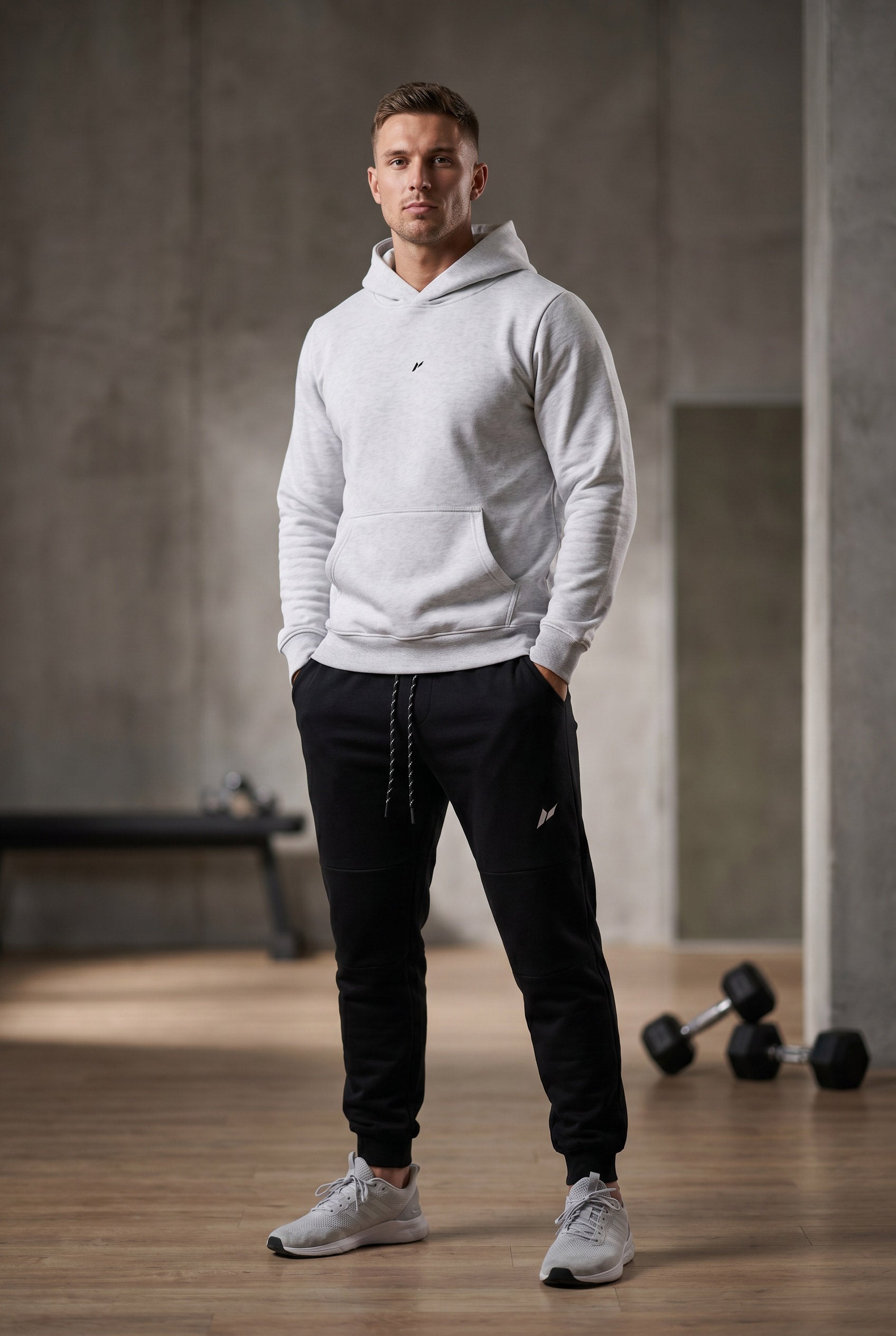 Male athlete wearing Zuva Black Track Pants with grey Zuva hoodie in gym setting — mens premium gymwear tracksuit Australia