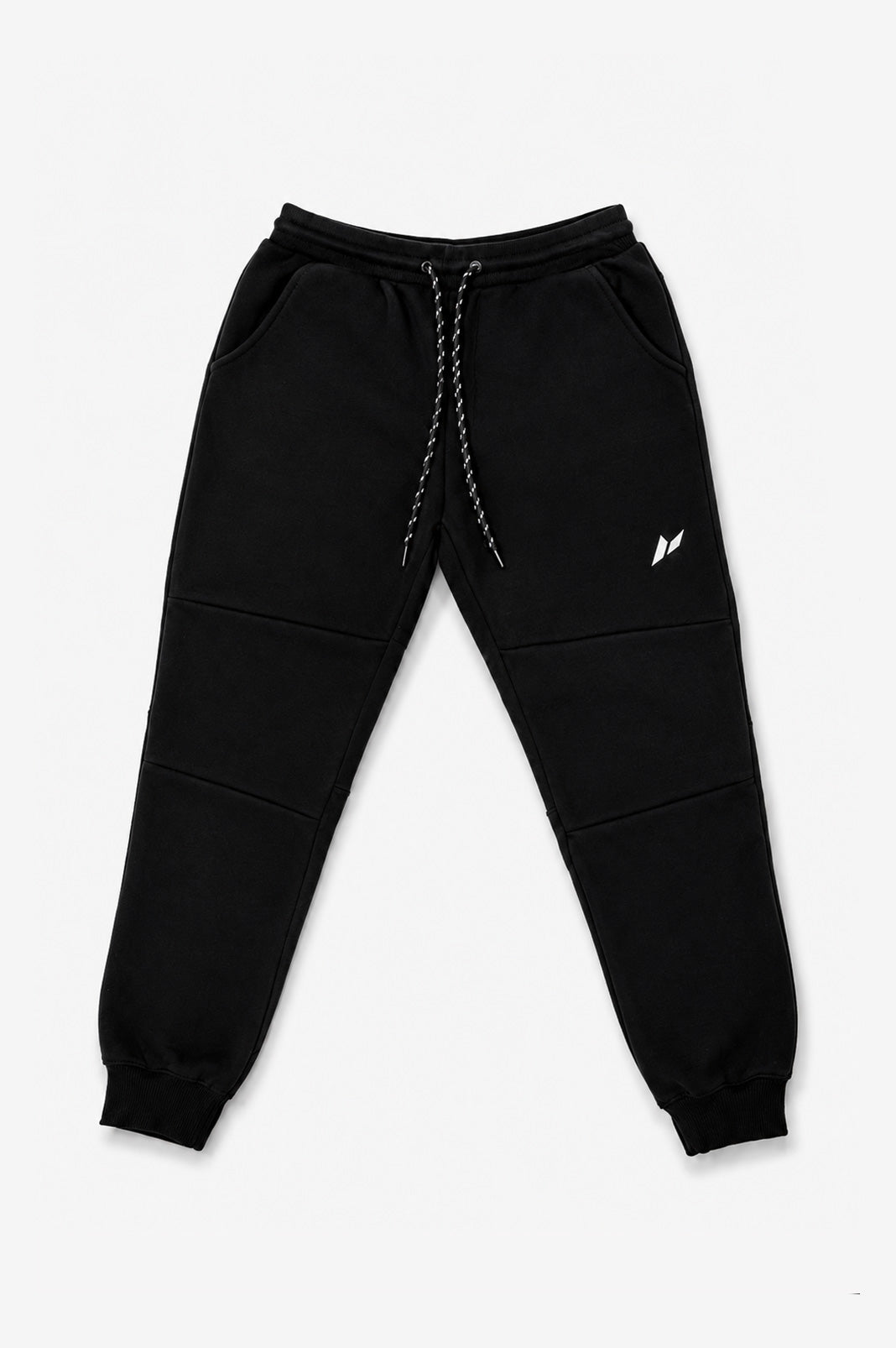 Zuva Black Track Pants flat lay front view — black fleece with speckled black and white drawstring, side slash pockets, panel seam detailing and white embroidered Zuva icon